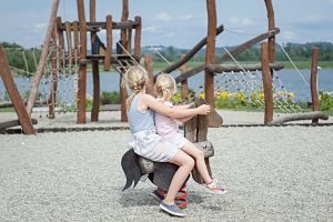 deux enfants sur un cheval de bois dans un parc pour enfants