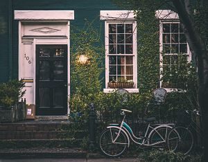 vélo posé contre le mur végétal d'une maison